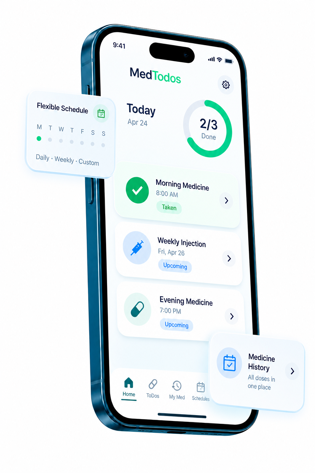 MedTodos app showing today's medicines, a flexible schedule and medicine history